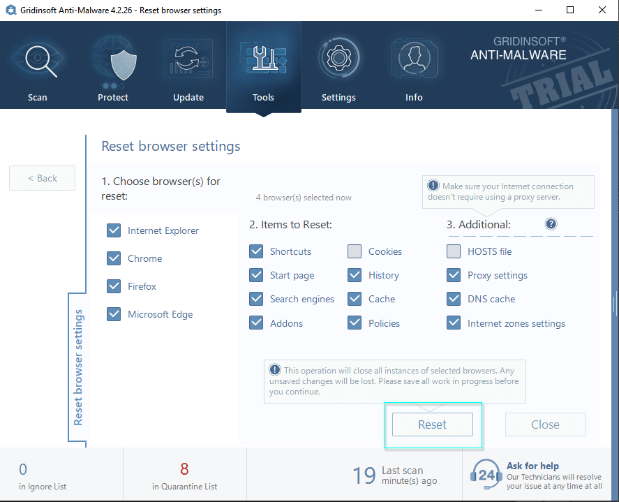 Browser Cleaning Settings