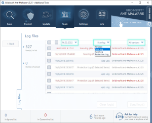 You can filter logs by type, date, or software version.