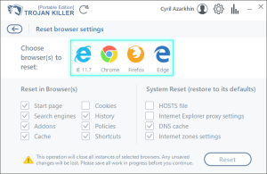 Browser reset settings